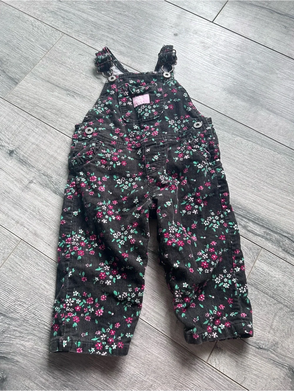 OshKosh B'gosh Black Floral Corduroy Overalls with Pink & Teal Flowers